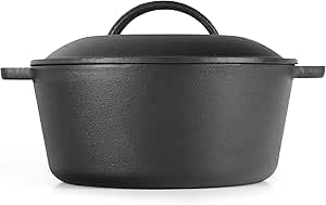 Nutrion Happiness Series Pre-Seasoned Cast Iron Dutch Oven with Lid and Handles - Versatile Black Cast Iron Skillet - Shallow Cookware for Casseroles and Braising Dishes - Works with Induction Stovetops