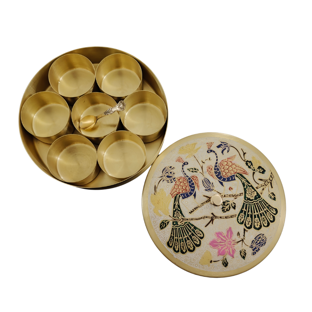 Brass Masala Box Set with Decorative Lid, 8 Pieces, Hand-Painted Peacock Design