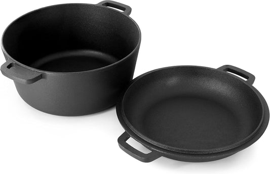 Pre-seasoned Cast Iron Double Dutch Oven Pot with Skillet Lid, Dual-handle, for Bread Baking, Outdoor, Campfire Cooking, include Sourdough Bread Baking Supplies like Banneton Bread Proofing Basket, 5 Litre