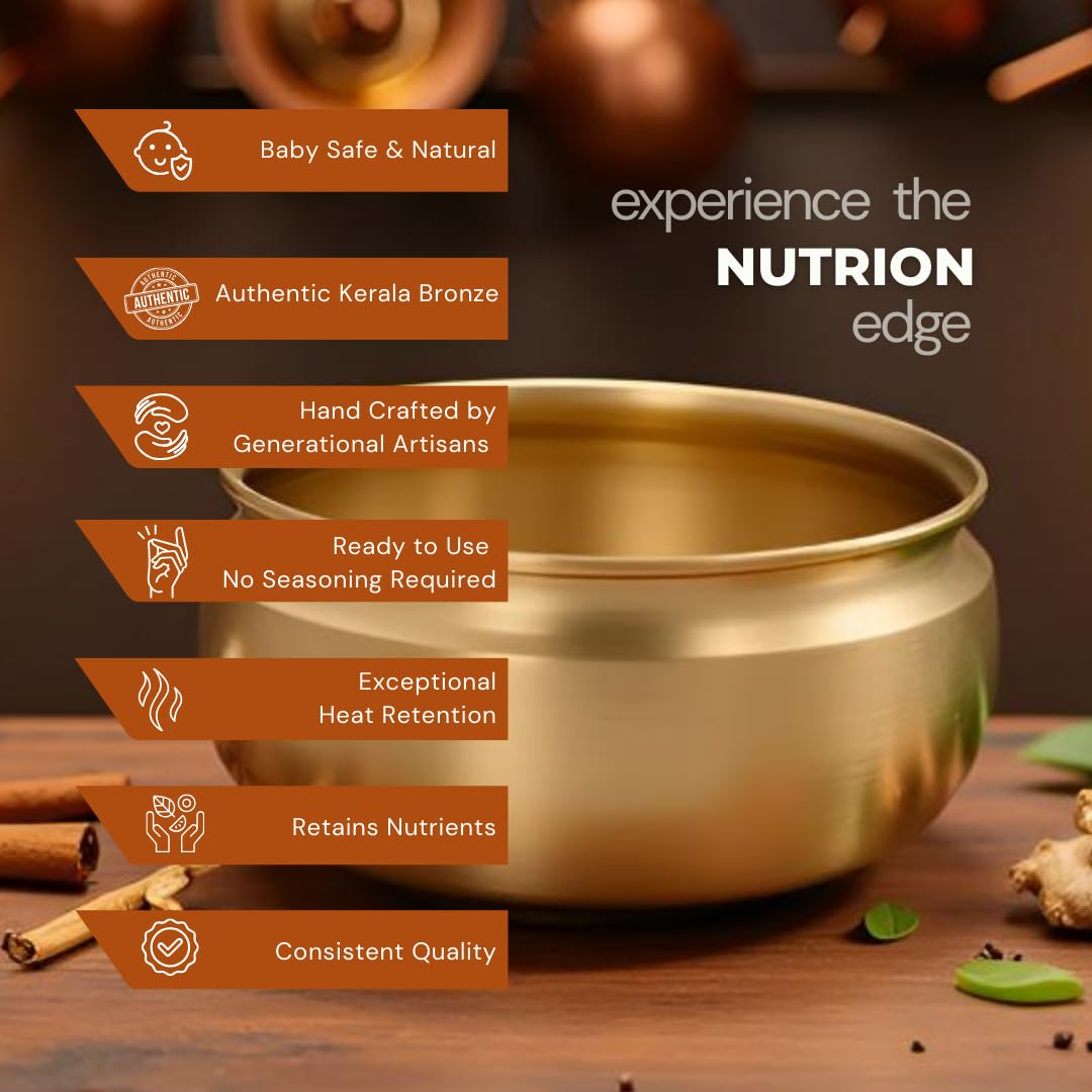 Nutrion Pure Bronze Handi/Pongal Pot (2.4Liters) | Traditional Pital Cooking Pot for Kitchen & Biryani | Handmade Mirror Finish Bronze Utensil for Home Chefs & Gifting