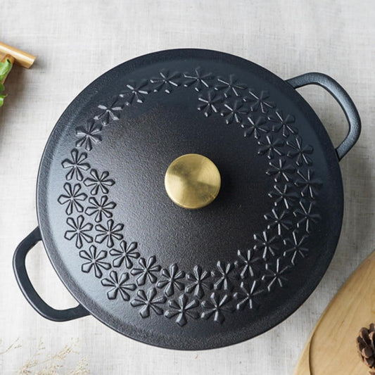 NUTRION Happiness Series Floral Pattern Lightweight Pre-Seasoned Cast Iron Dutch Oven with Lid - Smooth Polished Surface, Easy to Clean Cast Iron Pot Use in The Oven, on The Stove or Grill