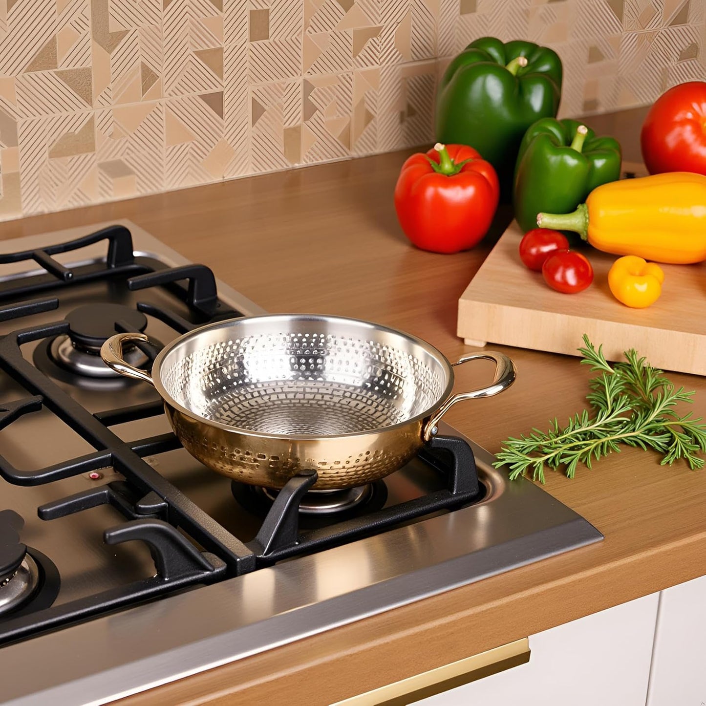 Nutrion Brass Kadhai 3L with Insulated Heat-Resistant Handle and Lid | 100% Pure Brass Tin Coated Kadai for Cooking | Non-Stick and Chemical-Free