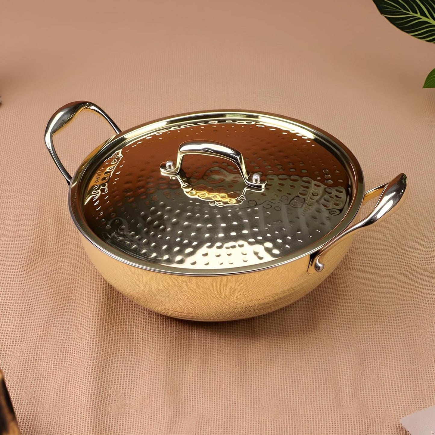 Nutrion Brass Kadhai 3L with Insulated Heat-Resistant Handle and Lid | 100% Pure Brass Tin Coated Kadai for Cooking | Non-Stick and Chemical-Free