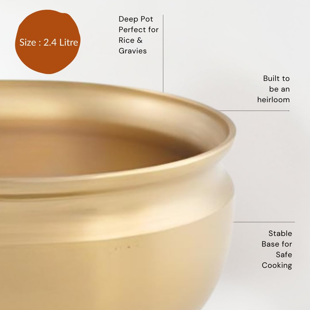 Nutrion Pure Bronze Handi/Pongal Pot (2.4Liters) | Traditional Pital Cooking Pot for Kitchen & Biryani | Handmade Mirror Finish Bronze Utensil for Home Chefs & Gifting