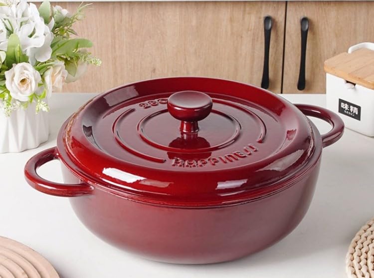 Nutrion Happiness Series Enameled Cast Iron Dutch Oven, 5.5 Litre, Round Dutch Ovens Pot with Dual Handle for Bread Baking, Dutch Ovens with Lid, Bread Oven, Dark Red