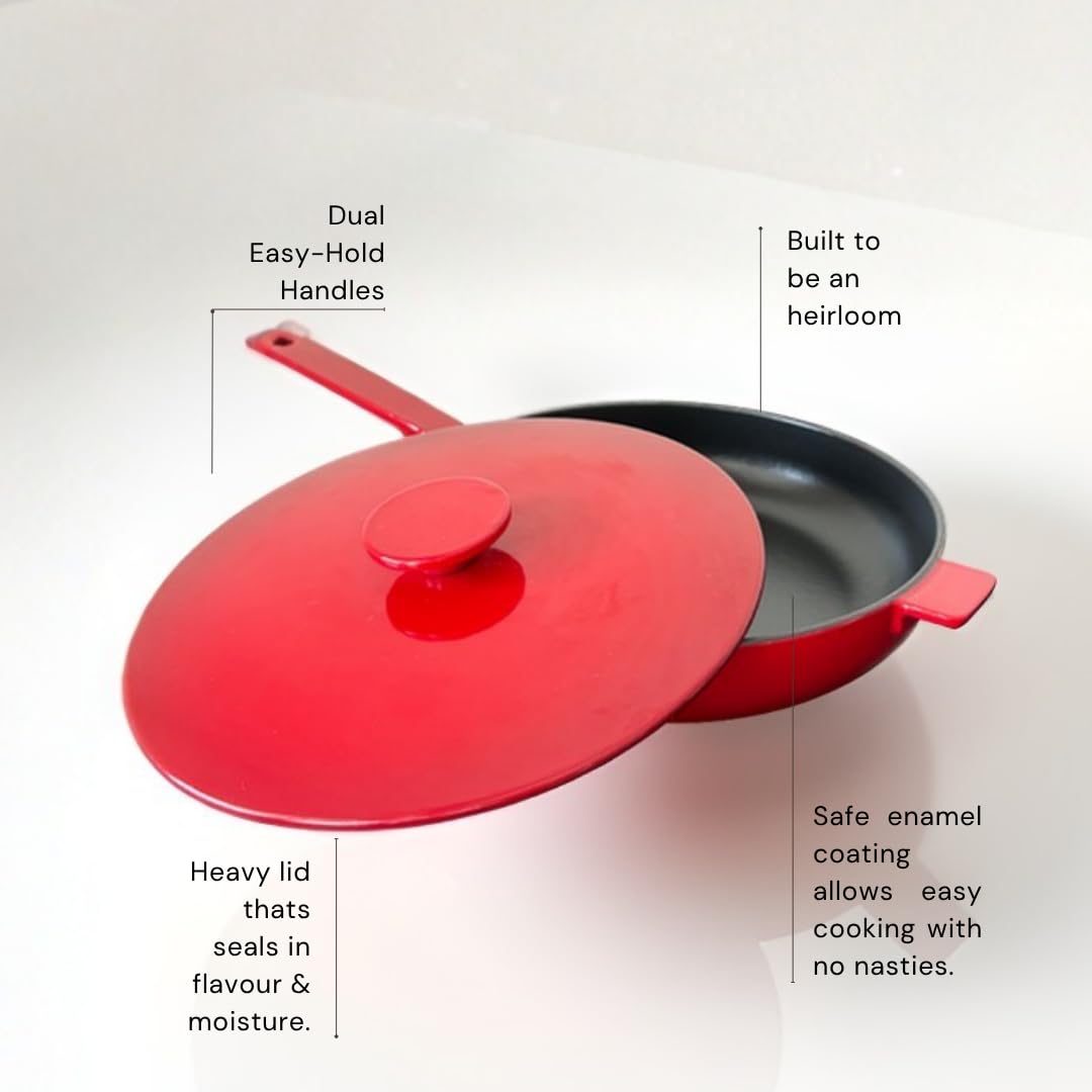 NUTRION Enamel Cast Iron Frying Pan with lid | 12 Inch (3Litre) | Heavy Duty Skillet for Frying, Sauteing & Everyday Cooking | Non-Toxic, Rust-Free & Easy to Clean Cookware(Heavy Duty)