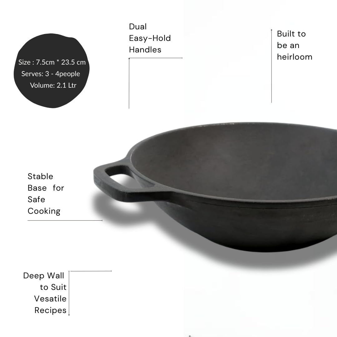 NUTRION Pre-Seasoned Cast Iron Kadai | Traditional Deep Cooking Pan for Healthy Cooking, Even Heating & Long-Lasting Durability (Round Bottom deep kadai)