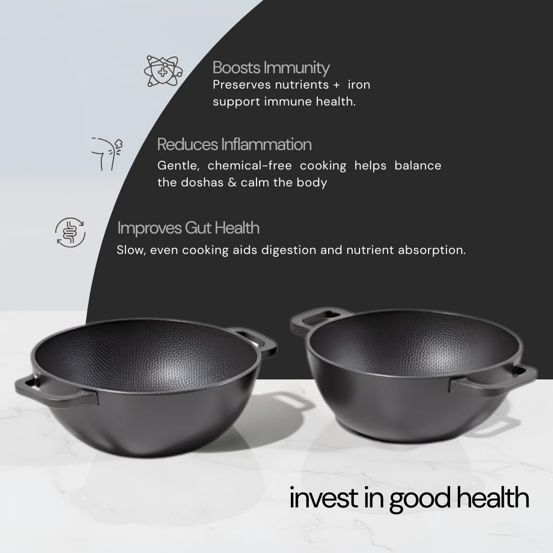 NUTRION Pre-Seasoned Cast Iron Kadai | Traditional Deep Cooking Pan for Healthy Cooking, Even Heating & Long-Lasting Durability (Round Bottom deep kadai)