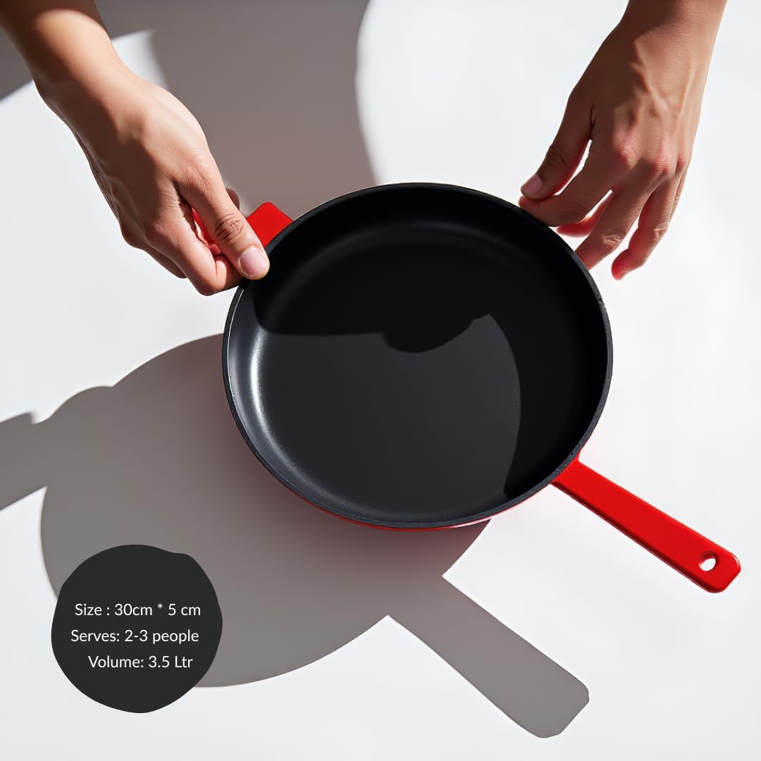 NUTRION Enamel Cast Iron Frying Pan with lid | 12 Inch (3Litre) | Heavy Duty Skillet for Frying, Sauteing & Everyday Cooking | Non-Toxic, Rust-Free & Easy to Clean Cookware(Heavy Duty)