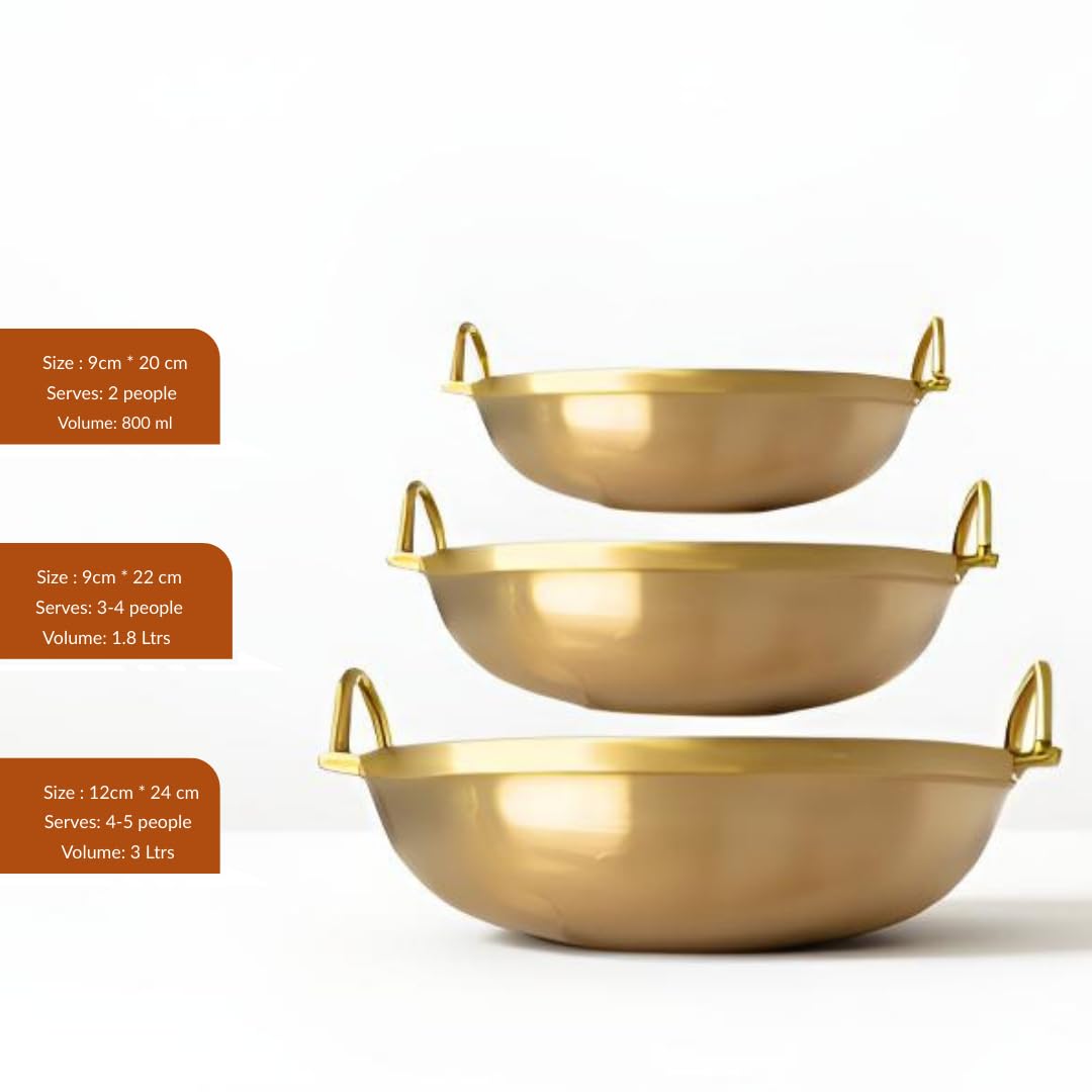 NUTRION Bronze Kadai Cookware Combo – 10″/3 L Kadai & 9″/1.8 – Tin-Coated Traditional Kerala Bronze, Chemical-Free, Even-Heat, Durable Duo