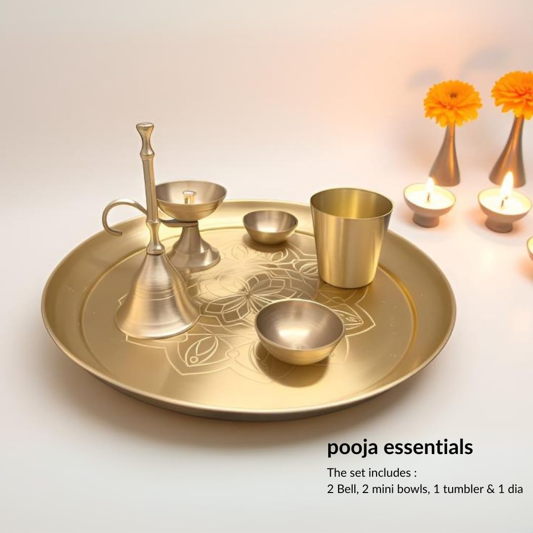 Nutrion Brass Pooja Thali | 10 Inch Traditional Puja Plate for Aarti, Arathi & Festivals | Durable & Easy to Clean | Ideal for Home Temple & Gifting