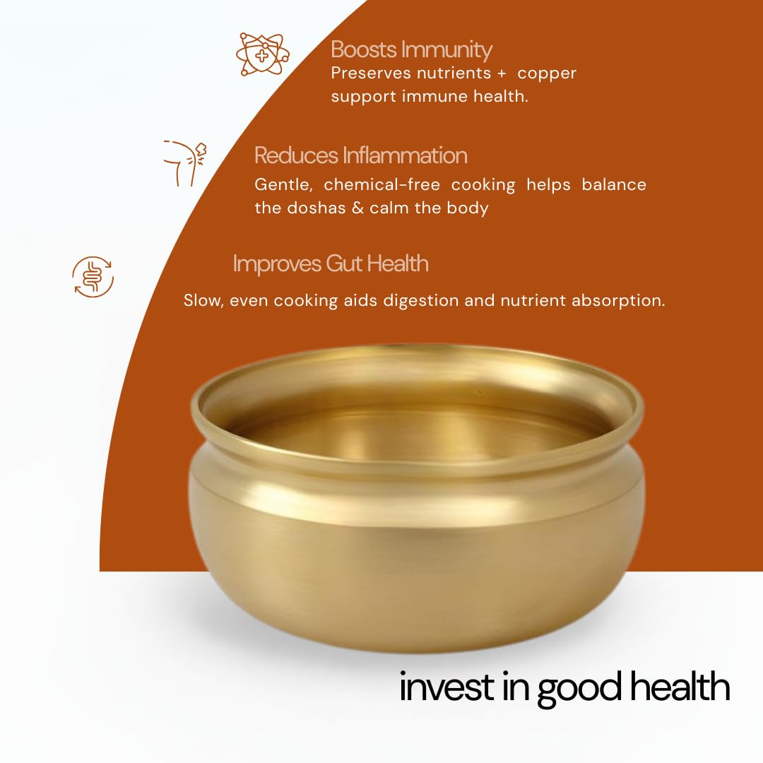 Nutrion Pure Bronze Handi/Pongal Pot (2.4Liters) | Traditional Pital Cooking Pot for Kitchen & Biryani | Handmade Mirror Finish Bronze Utensil for Home Chefs & Gifting