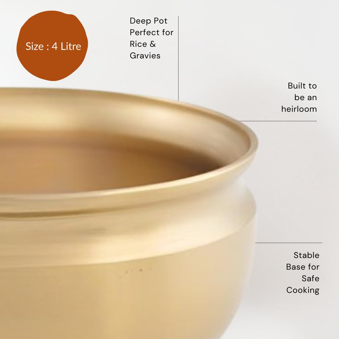 Nutrion Pure Bronze Handi/Pongal Pot (2.4Liters) | Traditional Pital Cooking Pot for Kitchen & Biryani | Handmade Mirror Finish Bronze Utensil for Home Chefs & Gifting
