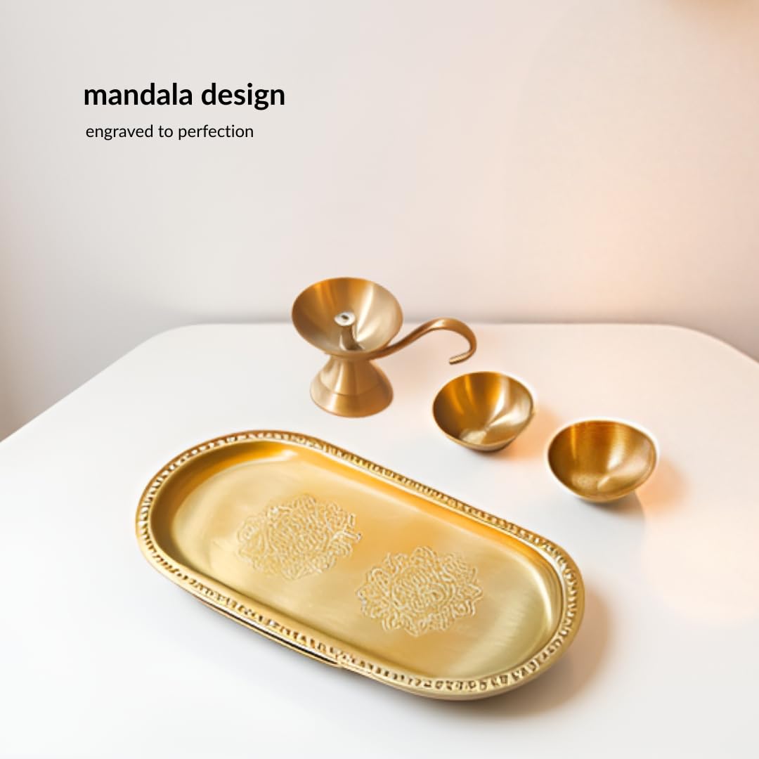 Nutrion Brass Pooja Thali | 10 Inch Traditional Puja Plate for Aarti, Arathi & Festivals | Durable & Easy to Clean | Ideal for Home Temple & Gifting