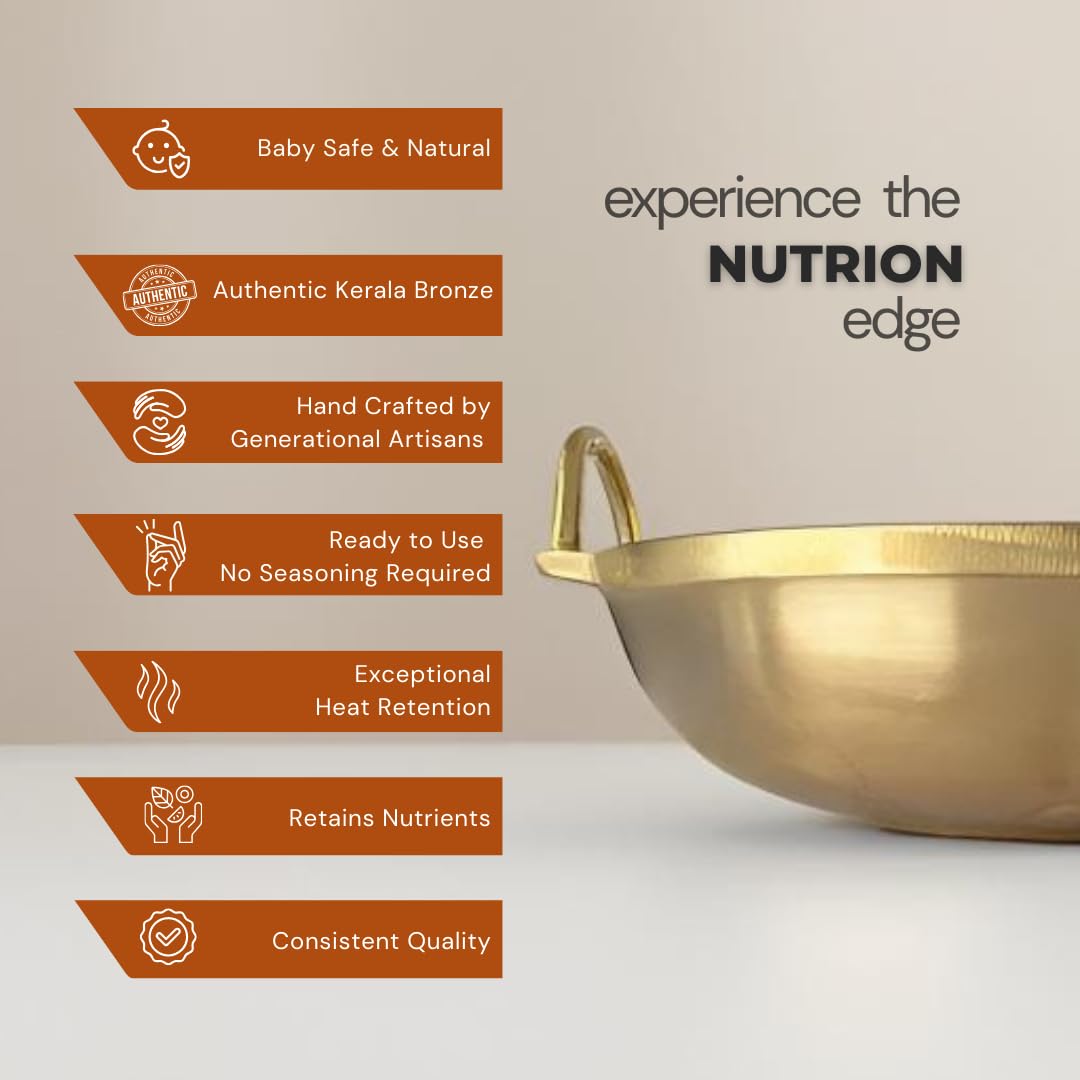 NUTRION Bronze Kadai Cookware Combo – 10″/3 L Kadai & 9″/1.8 – Tin-Coated Traditional Kerala Bronze, Chemical-Free, Even-Heat, Durable Duo