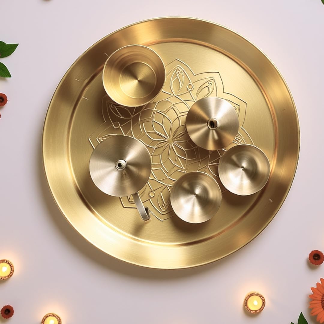 Nutrion Brass Pooja Thali | 10 Inch Traditional Puja Plate for Aarti, Arathi & Festivals | Durable & Easy to Clean | Ideal for Home Temple & Gifting
