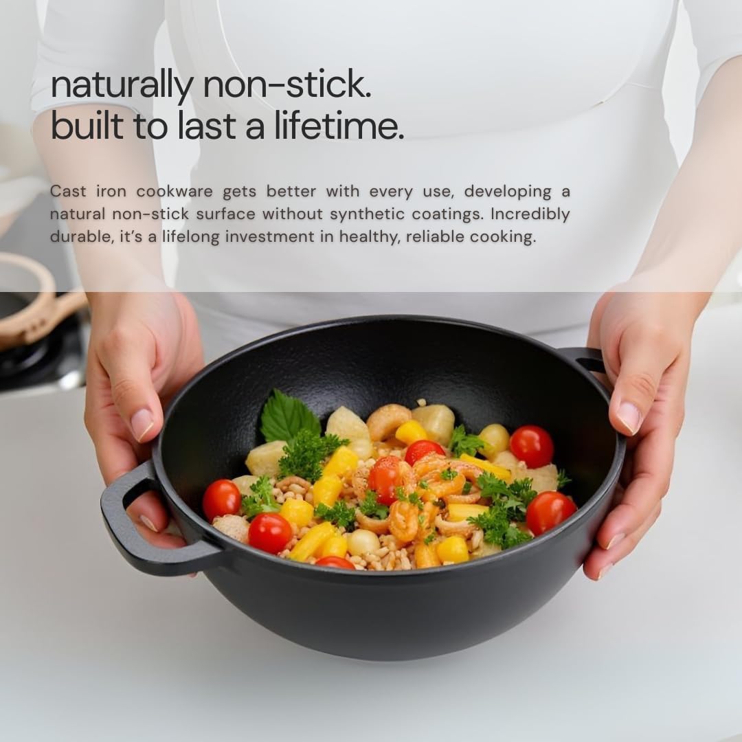 NUTRION Pre-Seasoned Cast Iron Kadai | Traditional Deep Cooking Pan for Healthy Cooking, Even Heating & Long-Lasting Durability (Round Bottom deep kadai)
