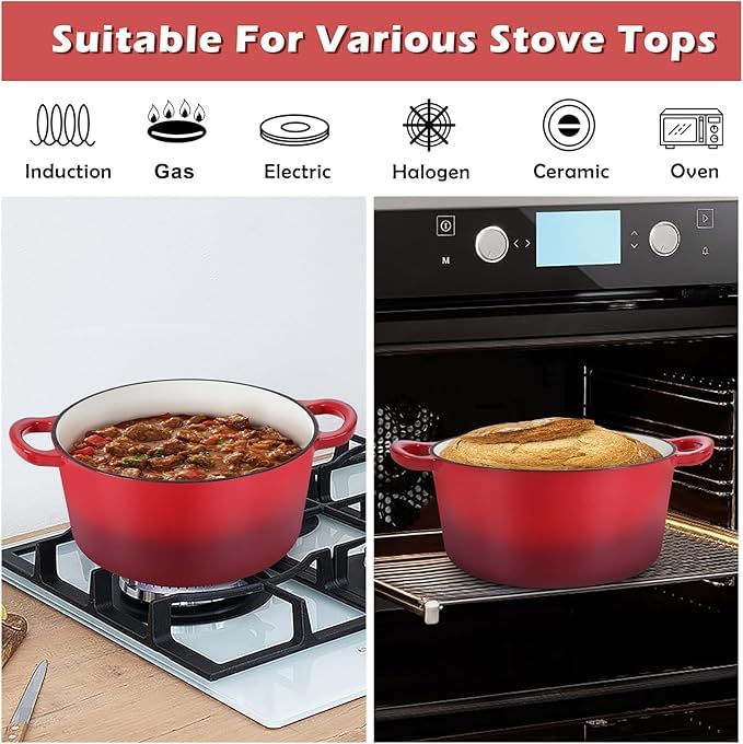 Nutrion Happiness Series Enameled Cast Iron Dutch Oven, 5.5 Litre, Round Dutch Ovens Pot with Dual Handle for Bread Baking, Dutch Ovens with Lid, Bread Oven, Red