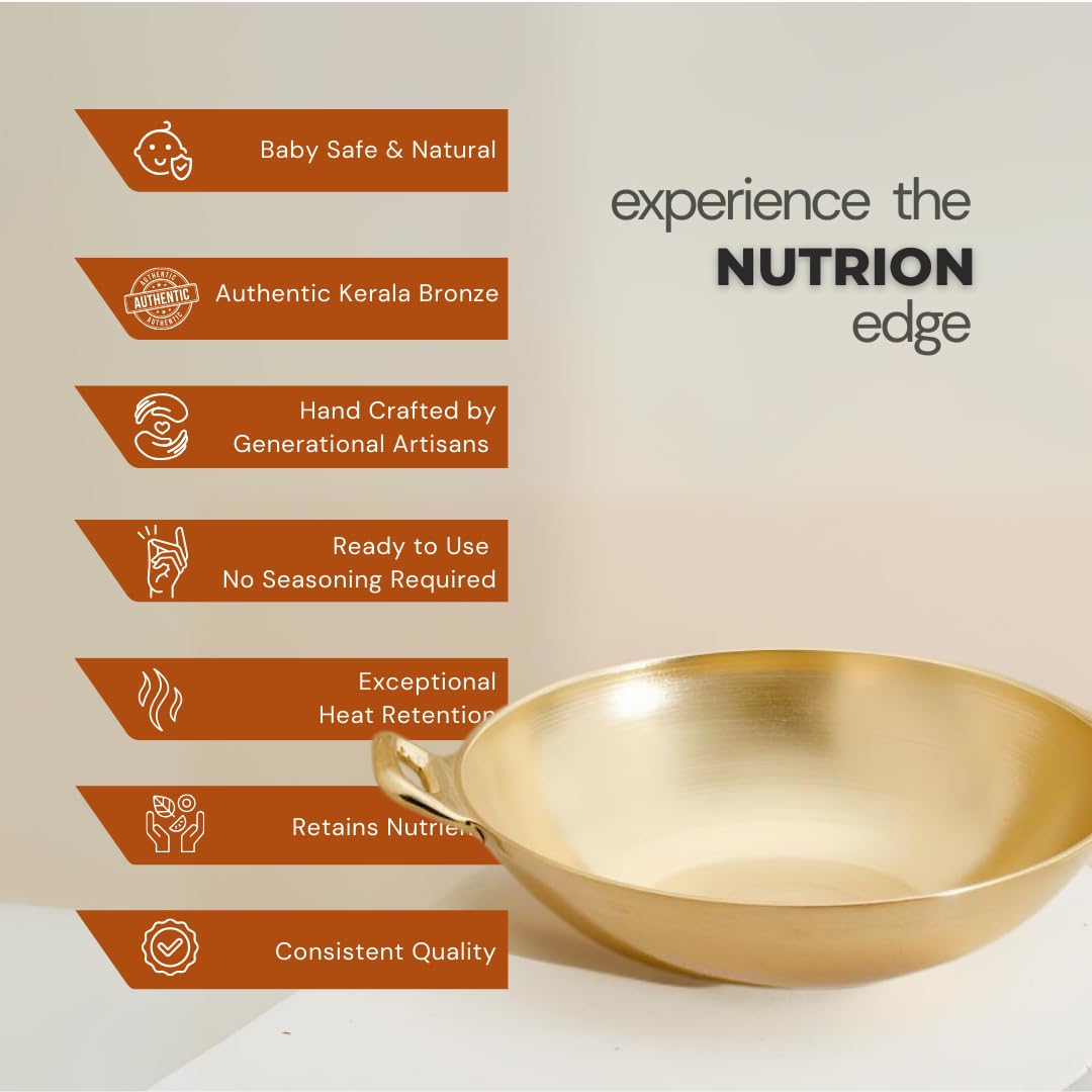 NUTRION Bronze Kadai Cookware Combo – 10″/3 L Kadai & 9″/1.8 – Tin-Coated Traditional Kerala Bronze, Chemical-Free, Even-Heat, Durable Duo