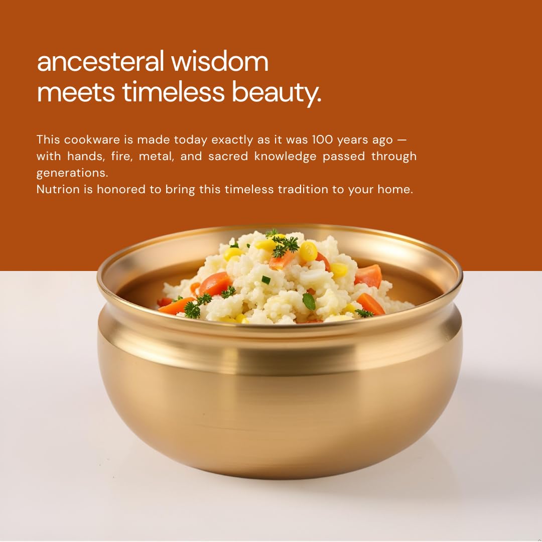 Nutrion Pure Bronze Handi/Pongal Pot (2.4Liters) | Traditional Pital Cooking Pot for Kitchen & Biryani | Handmade Mirror Finish Bronze Utensil for Home Chefs & Gifting