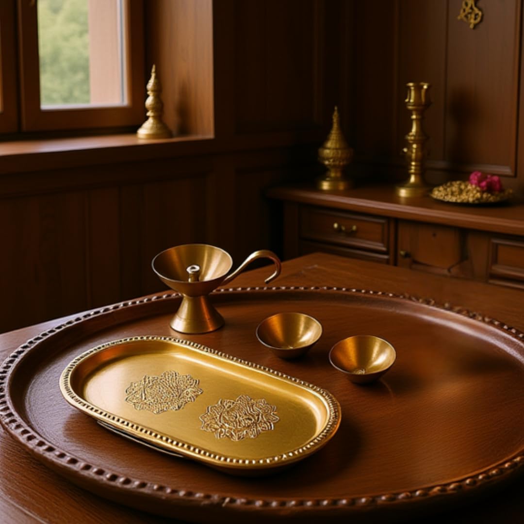 Nutrion Brass Pooja Thali | 10 Inch Traditional Puja Plate for Aarti, Arathi & Festivals | Durable & Easy to Clean | Ideal for Home Temple & Gifting