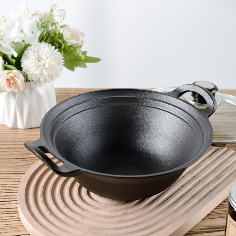 NUTRION Pre-Seasoned Cast Iron Wok/Kadai with Glass Lid | 12 Inch (3.5 Litre) | Heavy Duty Deep Fry Pan for Curry, Biryani & Stir Fry | Gas & Induction Compatible | Naturally Non-Stick & Durable
