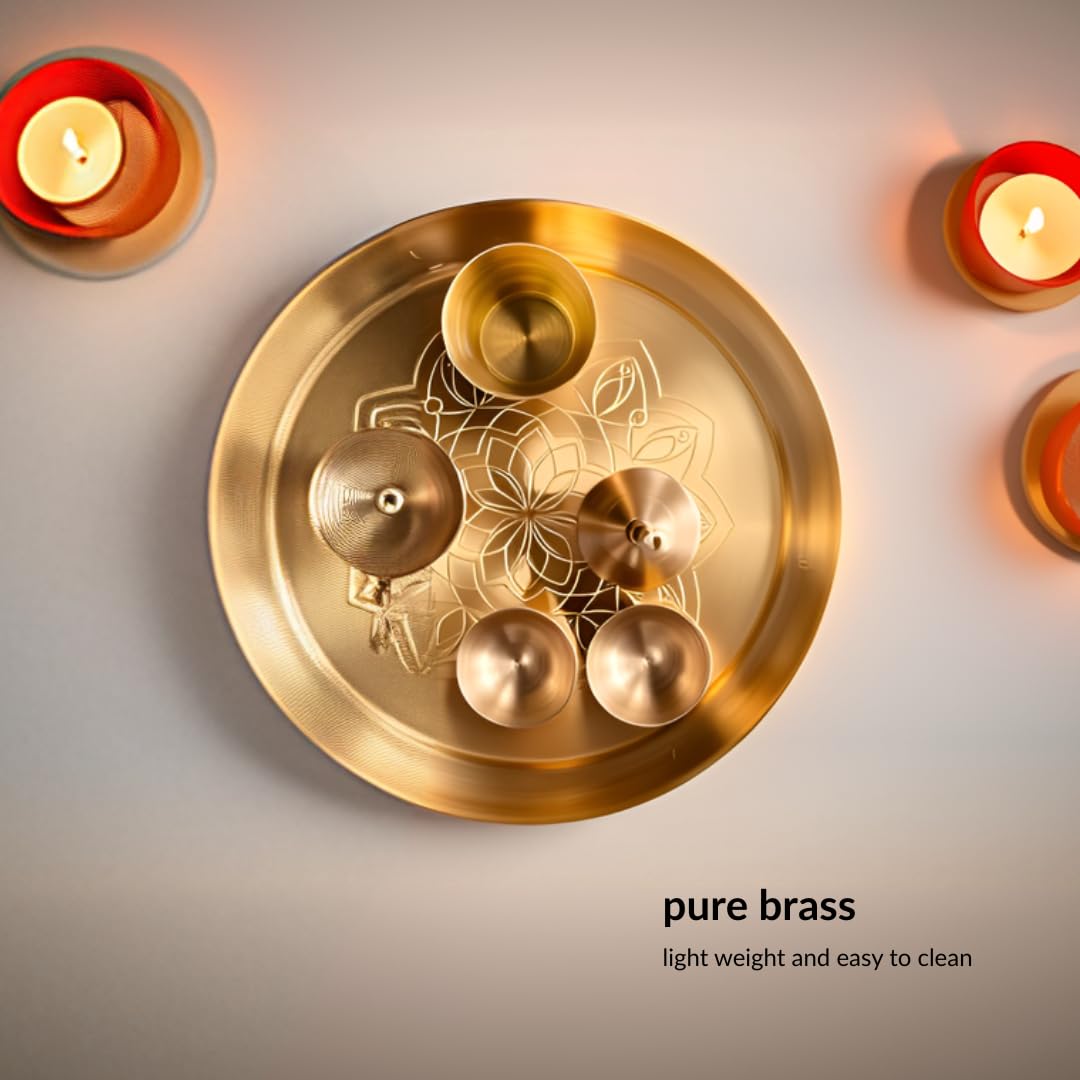 Nutrion Brass Pooja Thali | 10 Inch Traditional Puja Plate for Aarti, Arathi & Festivals | Durable & Easy to Clean | Ideal for Home Temple & Gifting