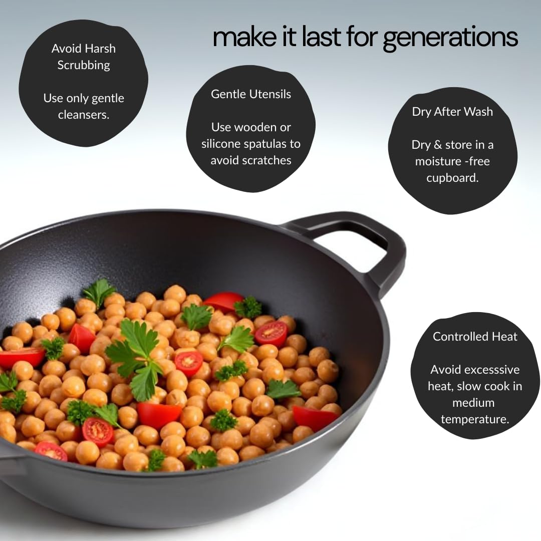 NUTRION Pre-Seasoned Cast Iron Kadai with Double Handles | 11 Inch (3 Litre) | Heavy Duty Deep Fry Pan for Curry, Biryani & Frying | Naturally Non-Stick, Non-Toxic & Gas/Induction Compatible