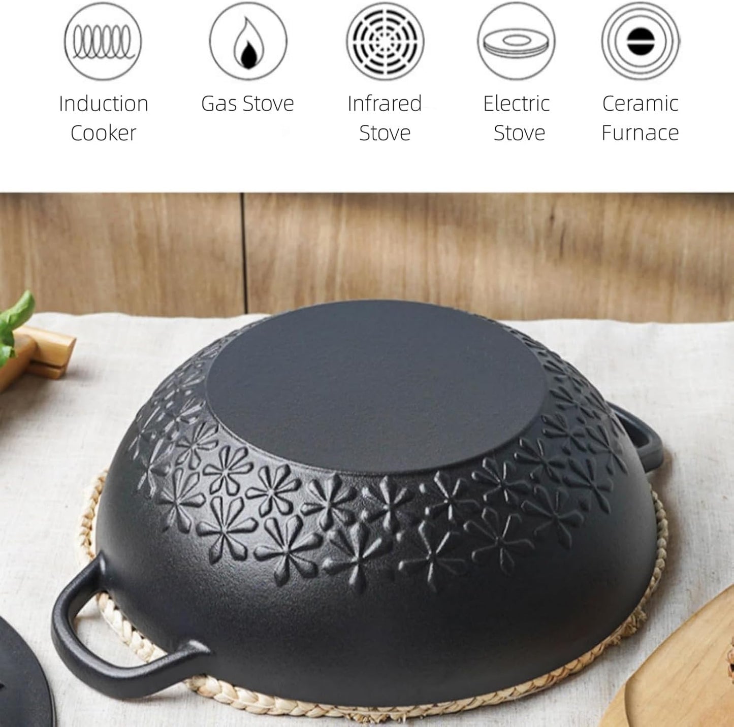 NUTRION Happiness Series Floral Pattern Lightweight Pre-Seasoned Cast Iron Dutch Oven with Lid - Smooth Polished Surface, Easy to Clean Cast Iron Pot Use in The Oven, on The Stove or Grill