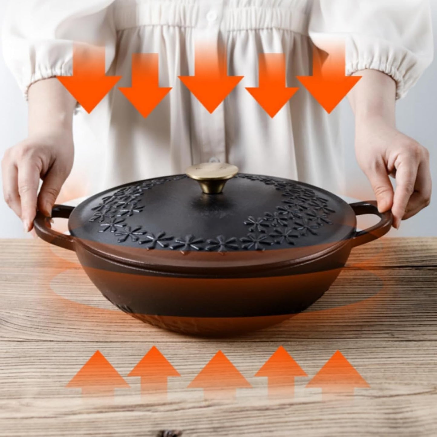 NUTRION Happiness Series Floral Pattern Lightweight Pre-Seasoned Cast Iron Dutch Oven with Lid - Smooth Polished Surface, Easy to Clean Cast Iron Pot Use in The Oven, on The Stove or Grill