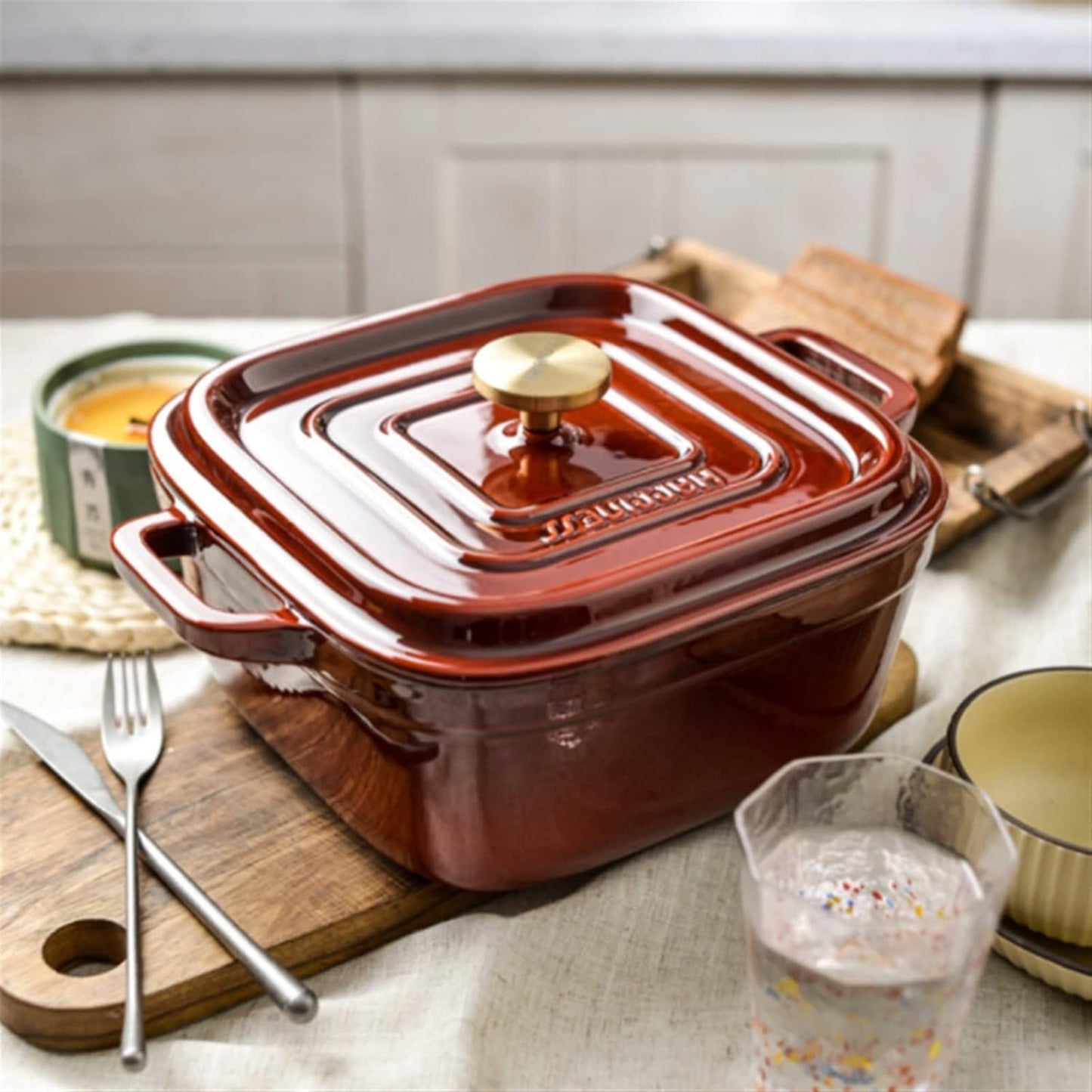 Nutrion Happiness Series Premium Enamelled Cast Iron Dutch Oven, Gold Knob