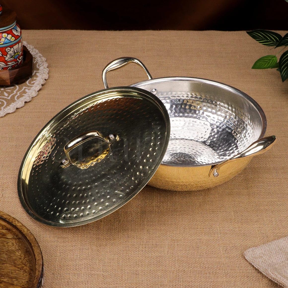 Nutrion Brass Kadhai 3L with Insulated Heat-Resistant Handle and Lid | 100% Pure Brass Tin Coated Kadai for Cooking | Non-Stick and Chemical-Free