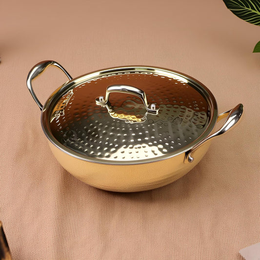 Nutrion Brass Kadhai 3L with Insulated Heat-Resistant Handle and Lid | 100% Pure Brass Tin Coated Kadai for Cooking | Non-Stick and Chemical-Free